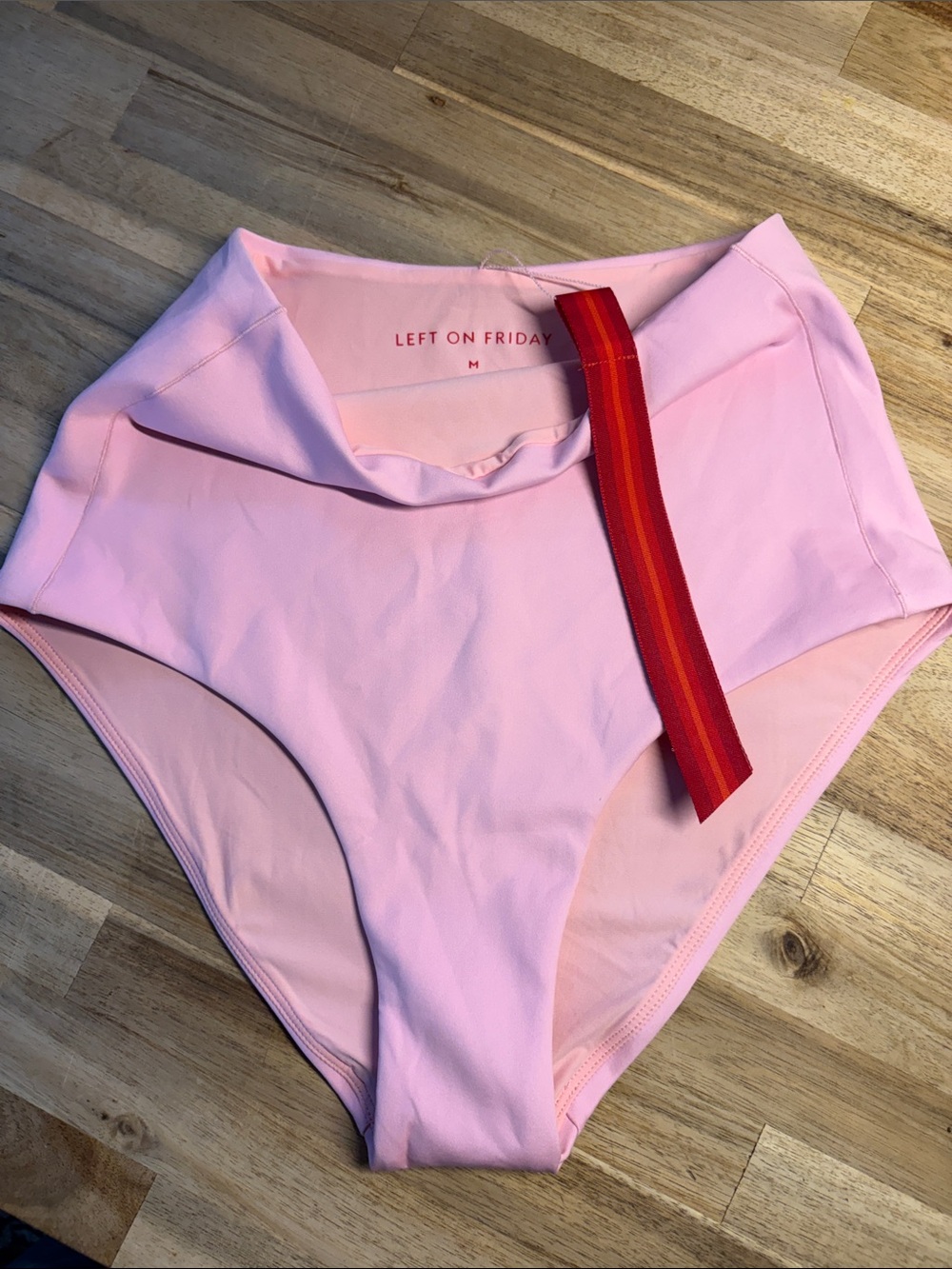 Left On Friday Pink High-Waist Bikini Bottom with Red Stripe